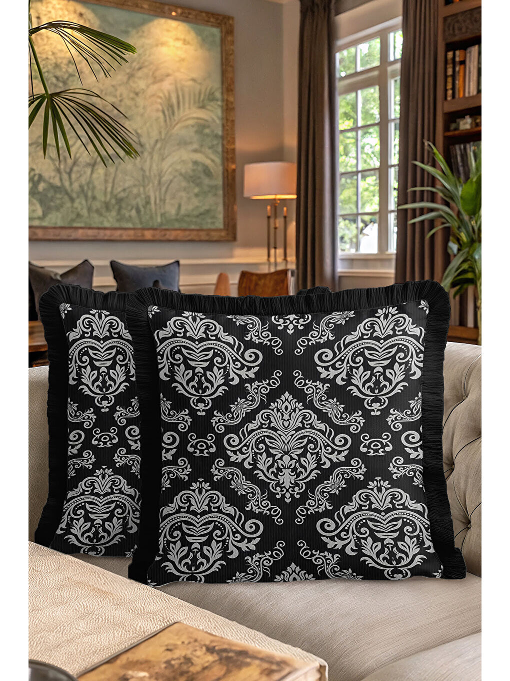 Karışık Barok Lüks Saçaklı Yastık Kılıfı - Asil Siyah Klasik Etnik Gri Püsküllü Kırlent Kılıfı-7