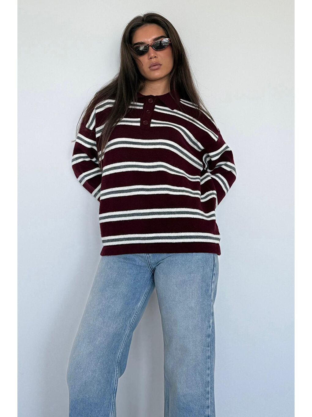 Bordo Polo Yaka Çizgili Kadın Triko Kazak Mg2469-6