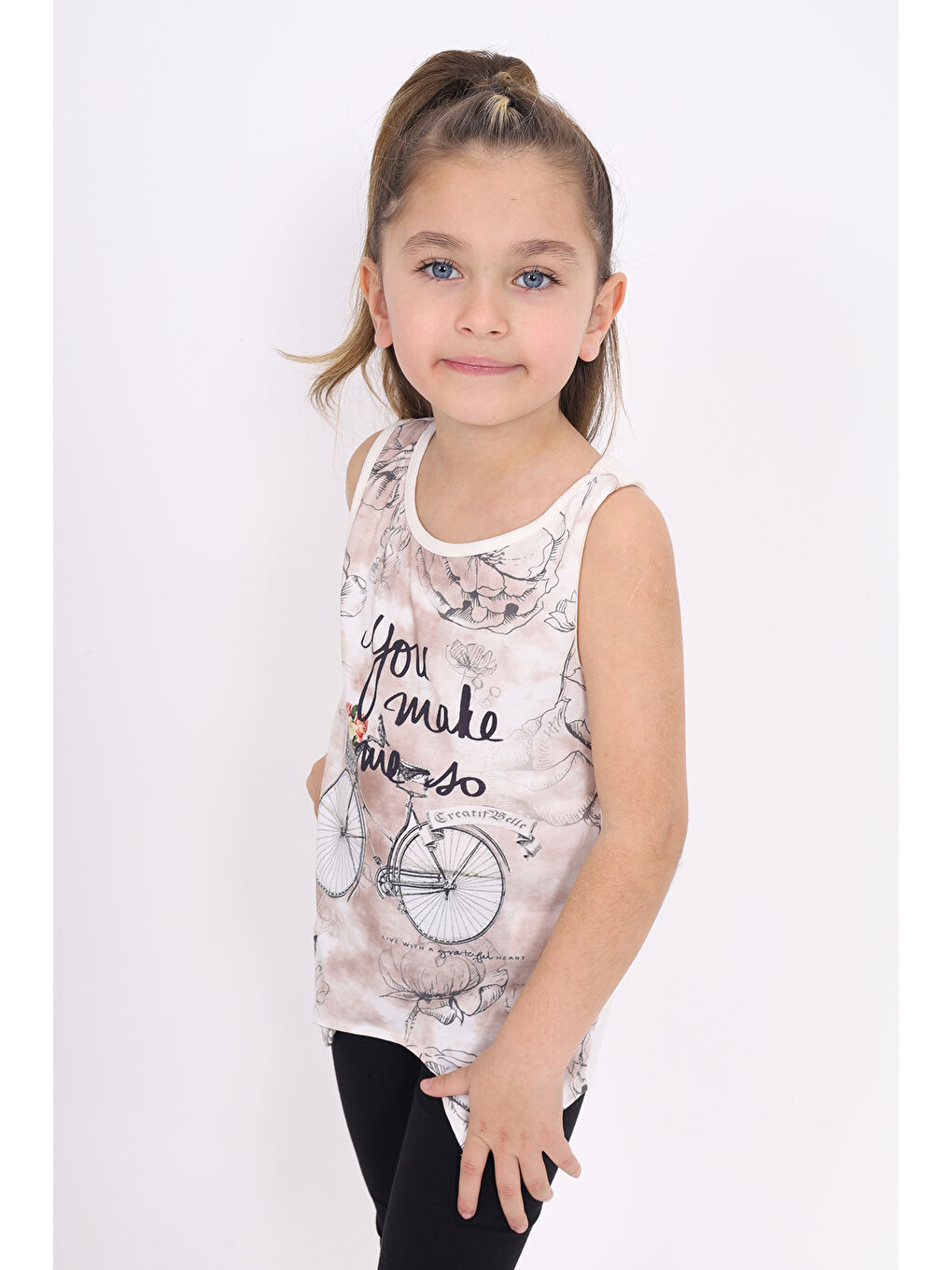 Ekru Kız Çocuk Bisiklet Baskılı Atlet-1