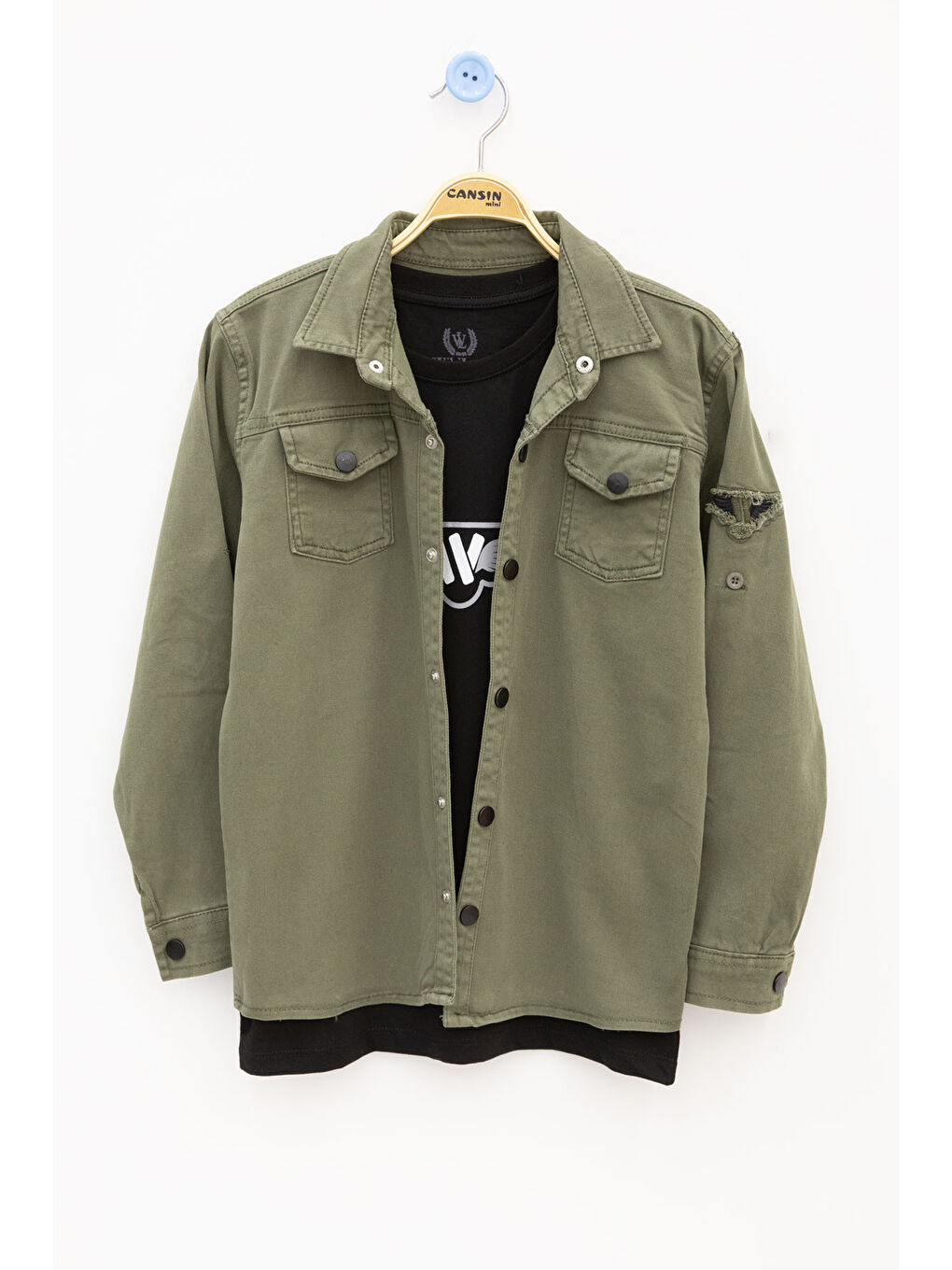 Haki Keten Gömlekli Bisiklet Yaka Baskılı Tişörtlü Erkek Çocuk 2li Takım 20256