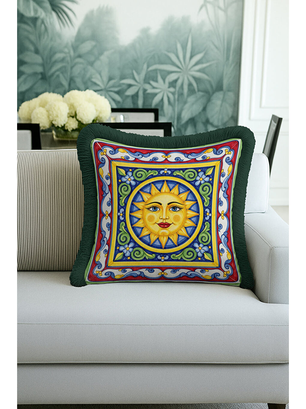 Karışık Akdeniz Stil Güneş Motifli Saçaklı Yastık Kılıfı - Renkli Bohem Sarı Yeşil Püsküllü Kırlent Kılıfı-4