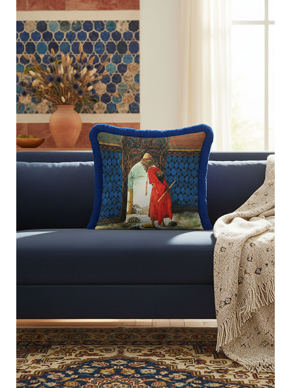 Karışık Şatafatlı Saray Figürlü Saçaklı Yastık Kılıfı - Osmanlı Etnik Mavi Gold Renk Püsküllü Kırlent Kılıfı-2