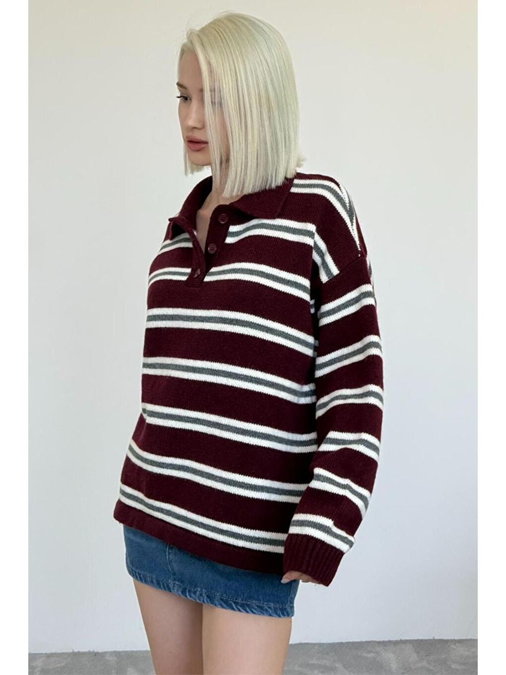Bordo Polo Yaka Çizgili Kadın Triko Kazak Mg2469-7