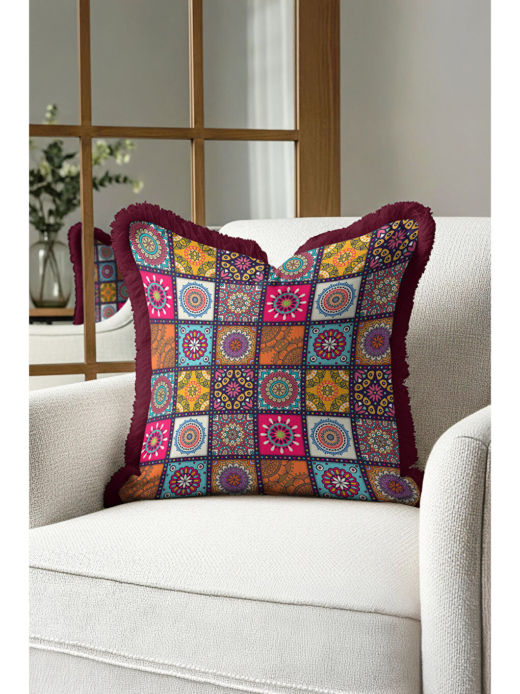 Karışık Etnik Mandala Mozaik Saçaklı Yastık Kılıfı - Bohem Renkli Patchwork Bordo Püsküllü Kırlent Kılıfı-3