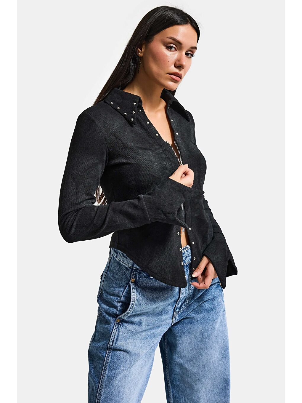 Kadın Siyah w5 Fermuar ve Drop Detaylı Özel Tasarım Crop Top-1