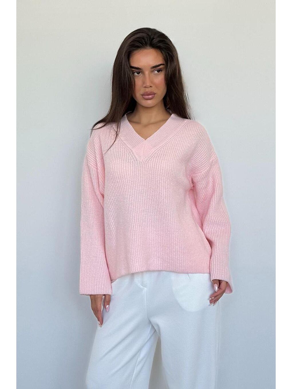 Pembe V Yaka Triko Kadın Kazak Mg2501-7