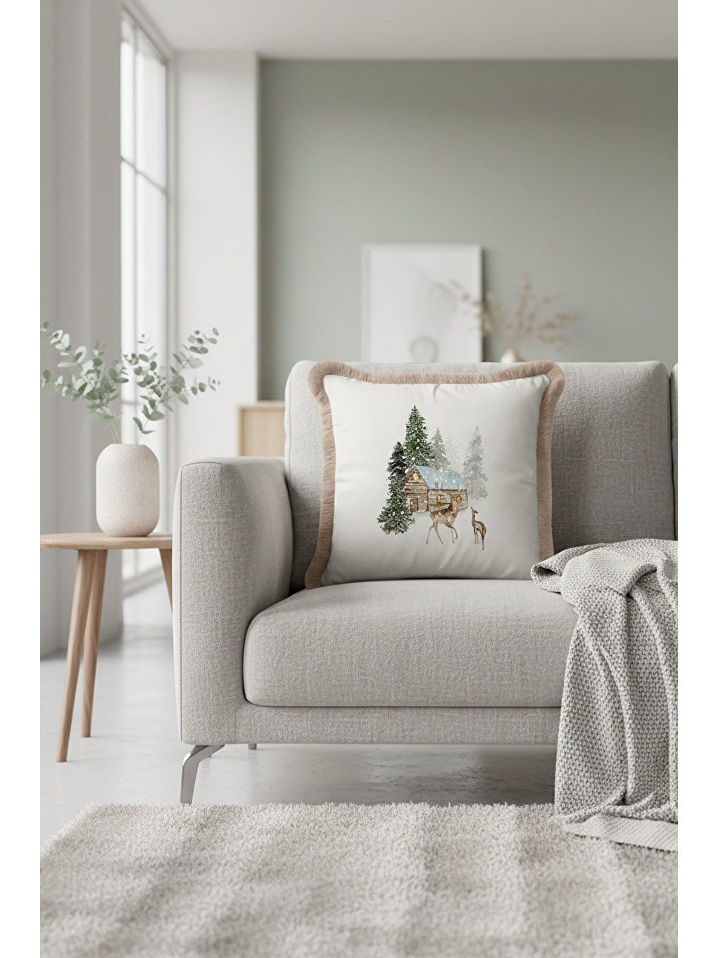 Karışık Kış Manzaralı Saçaklı Yastık Kılıfı - Rustik Doğa Temalı Bej Püsküllü Kırlent Kılıfı-3