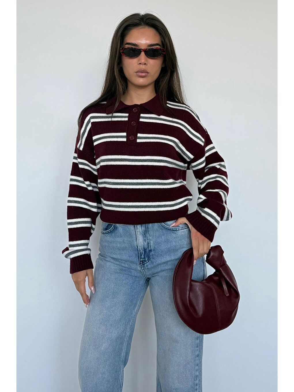 Bordo Polo Yaka Çizgili Kadın Triko Kazak Mg2469-8