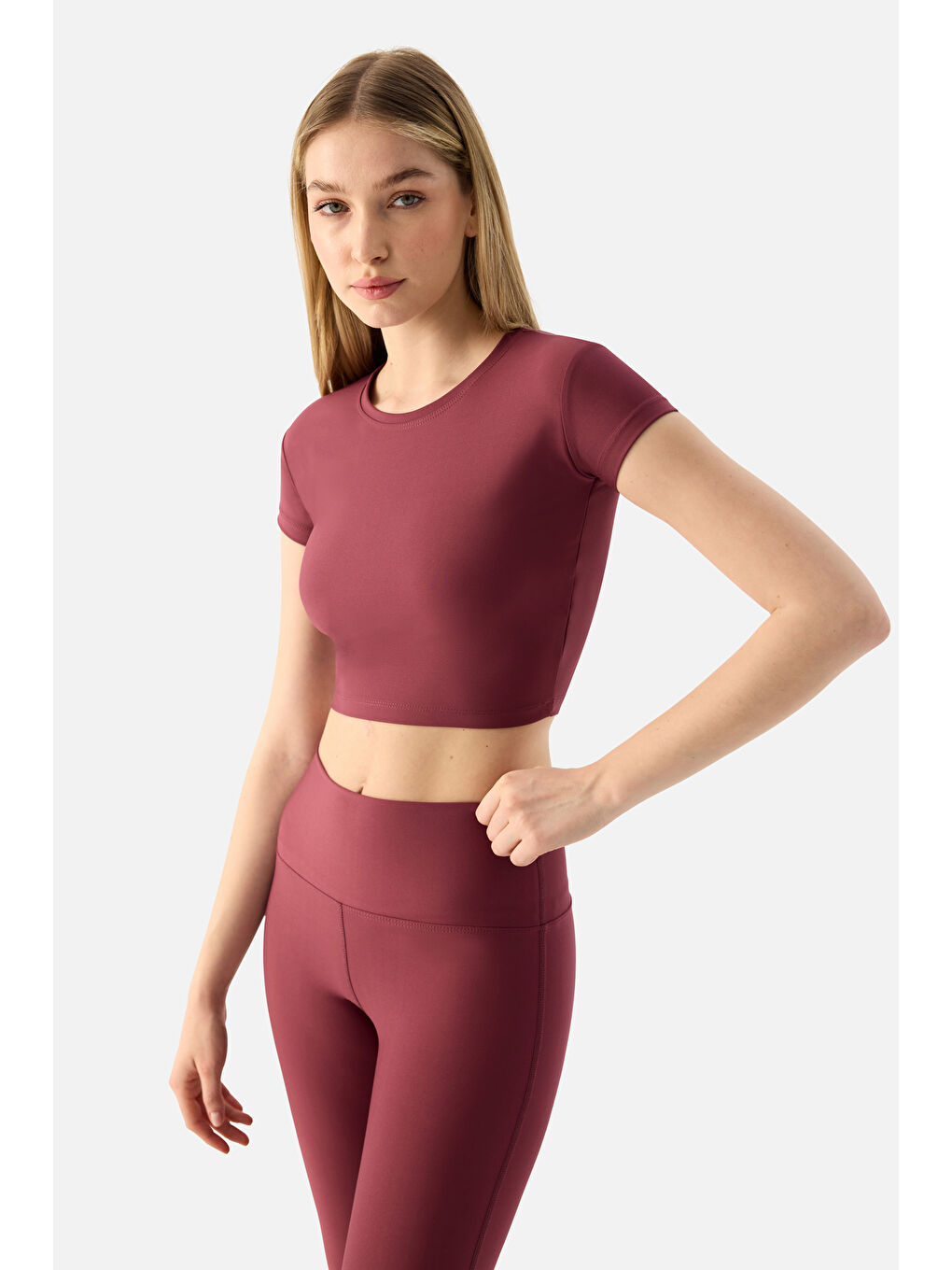 Pembe Melina Kısa Kol Gül Kurusu Crop Top-1