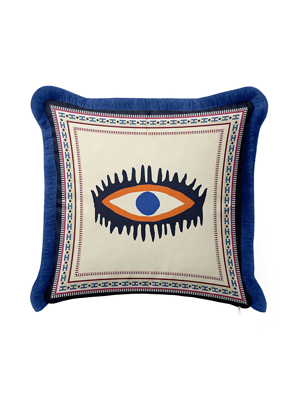 Karışık Etnik Motifli Saçaklı Yastık Kılıfı - Nazar Temalı Bohem Lacivert Püsküllü Kırlent Kılıfı