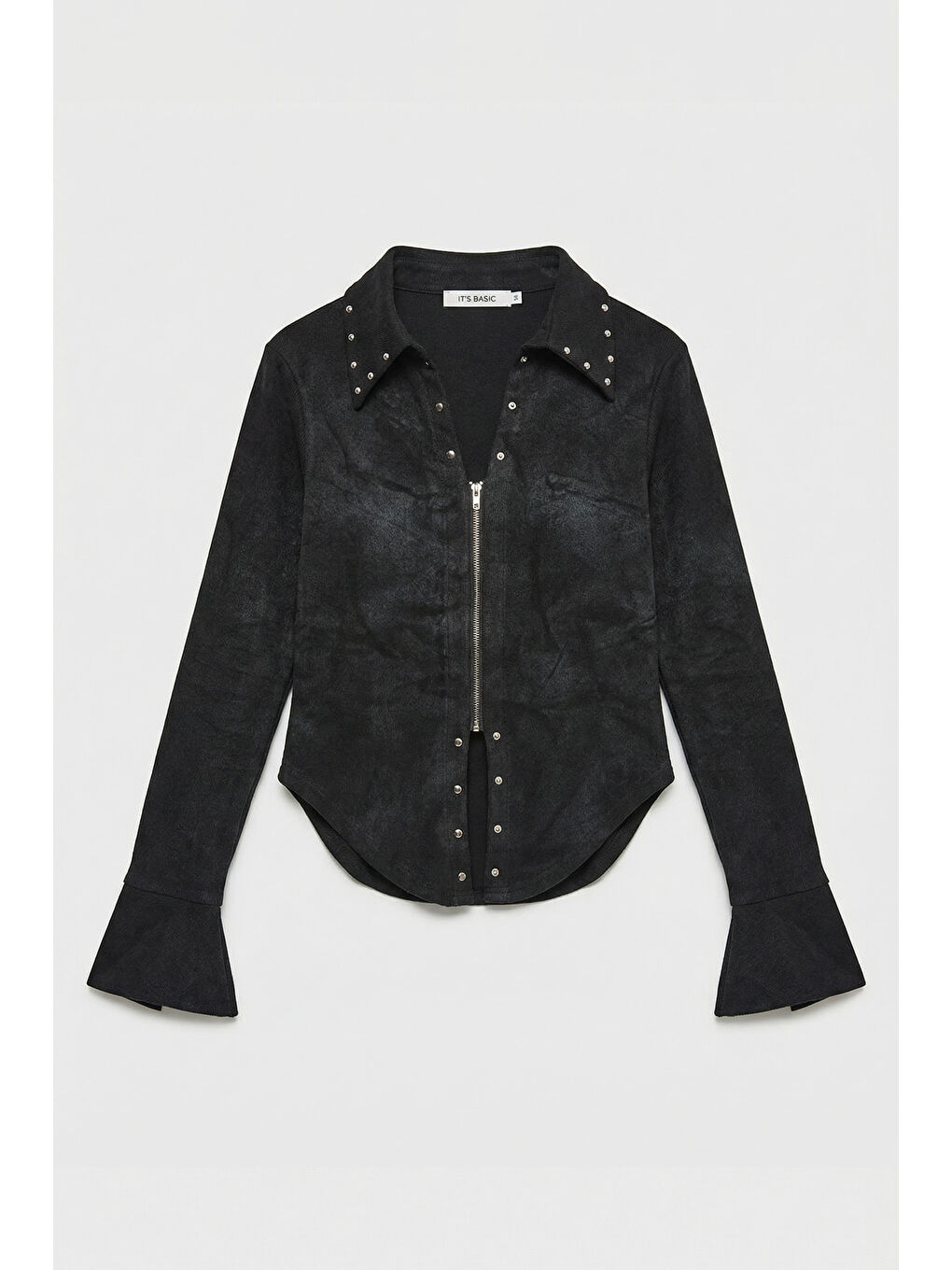 Kadın Siyah w5 Fermuar ve Drop Detaylı Özel Tasarım Crop Top-2