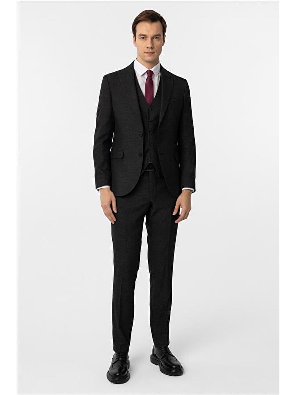 Siyah Slim Desenli Sivri Yaka 6 Drop Yelekli Takım Elbise