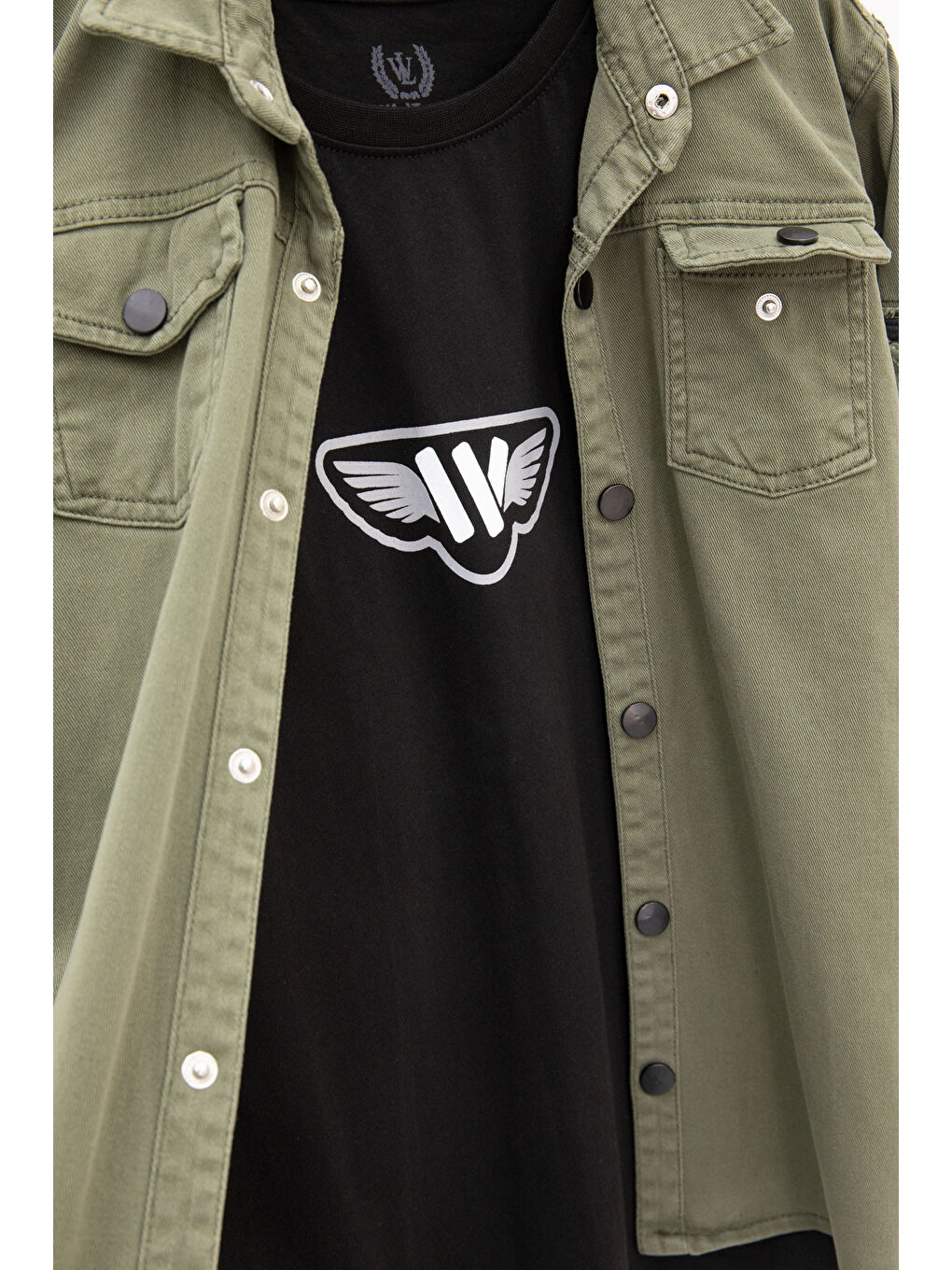 Haki Keten Gömlekli Bisiklet Yaka Baskılı Tişörtlü Erkek Çocuk 2li Takım 20256-2