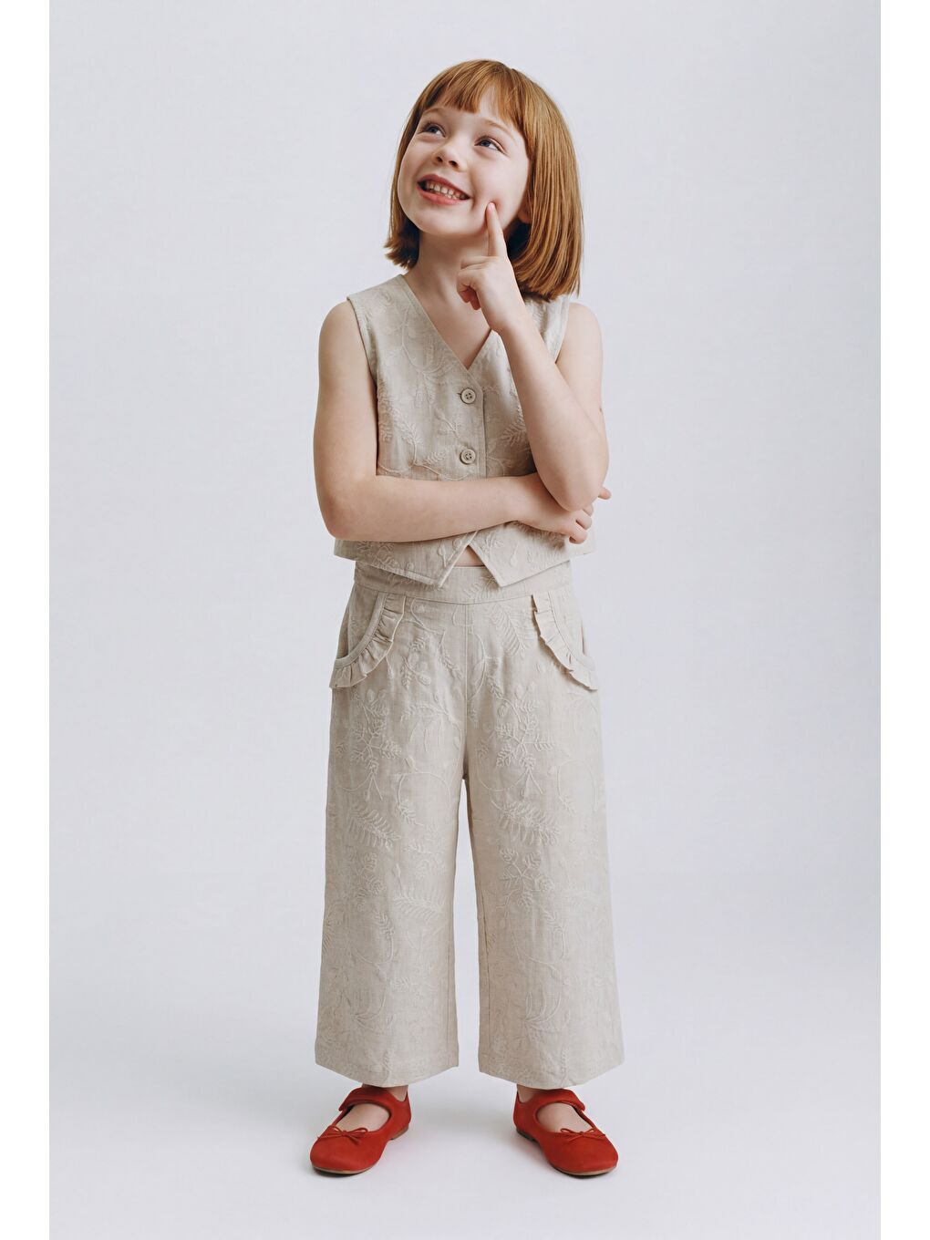 Kız Çocuk Pamuklu Bej Nakışlı Yelek Ve Pantolon Takım-1