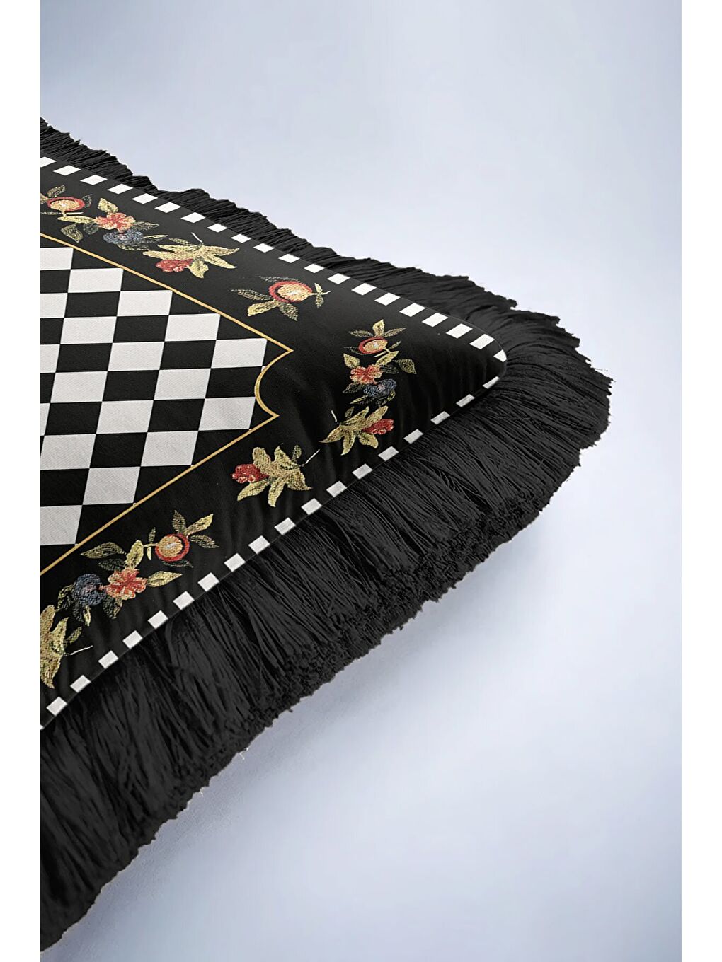 Karışık Lüks Elmas Motifli Saçaklı Yastık Kılıfı - Çiçek Bordürlü Klasik Glam Siyah Püsküllü Kırlent Kılıfı-6