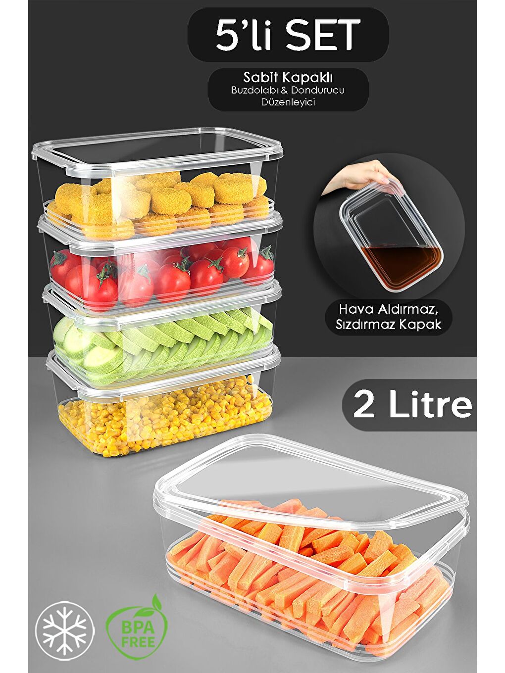 Renksiz 5 Adet Sızdırmaz Kendinden Kapaklı Derin Dondurucuya Uygun Saklama Kabı Düzenleyici Erzak Kabı 2 lt