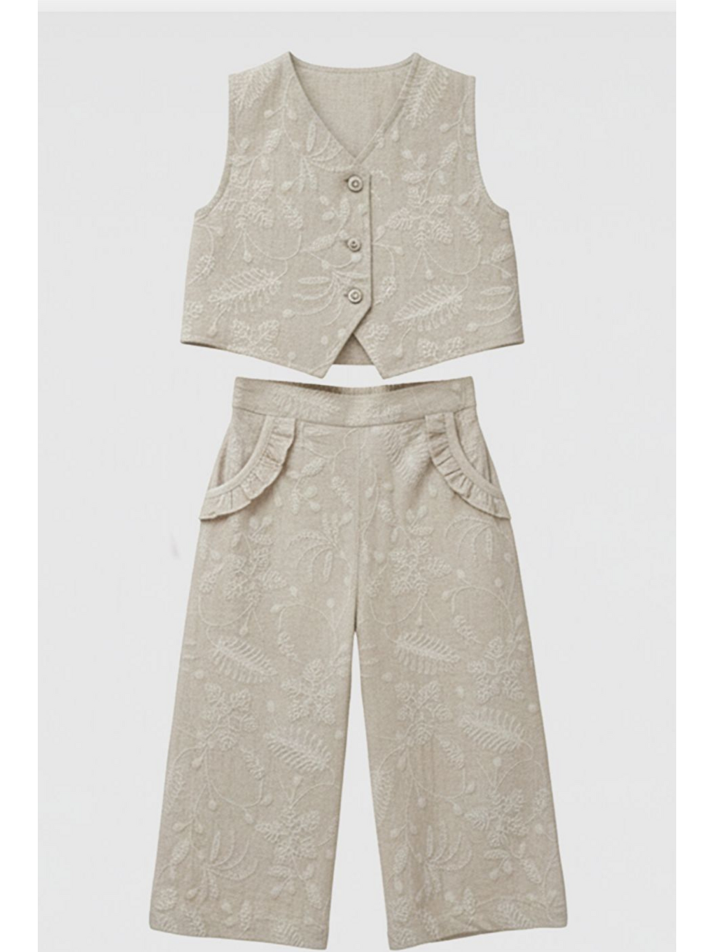 Kız Çocuk Pamuklu Bej Nakışlı Yelek Ve Pantolon Takım-2