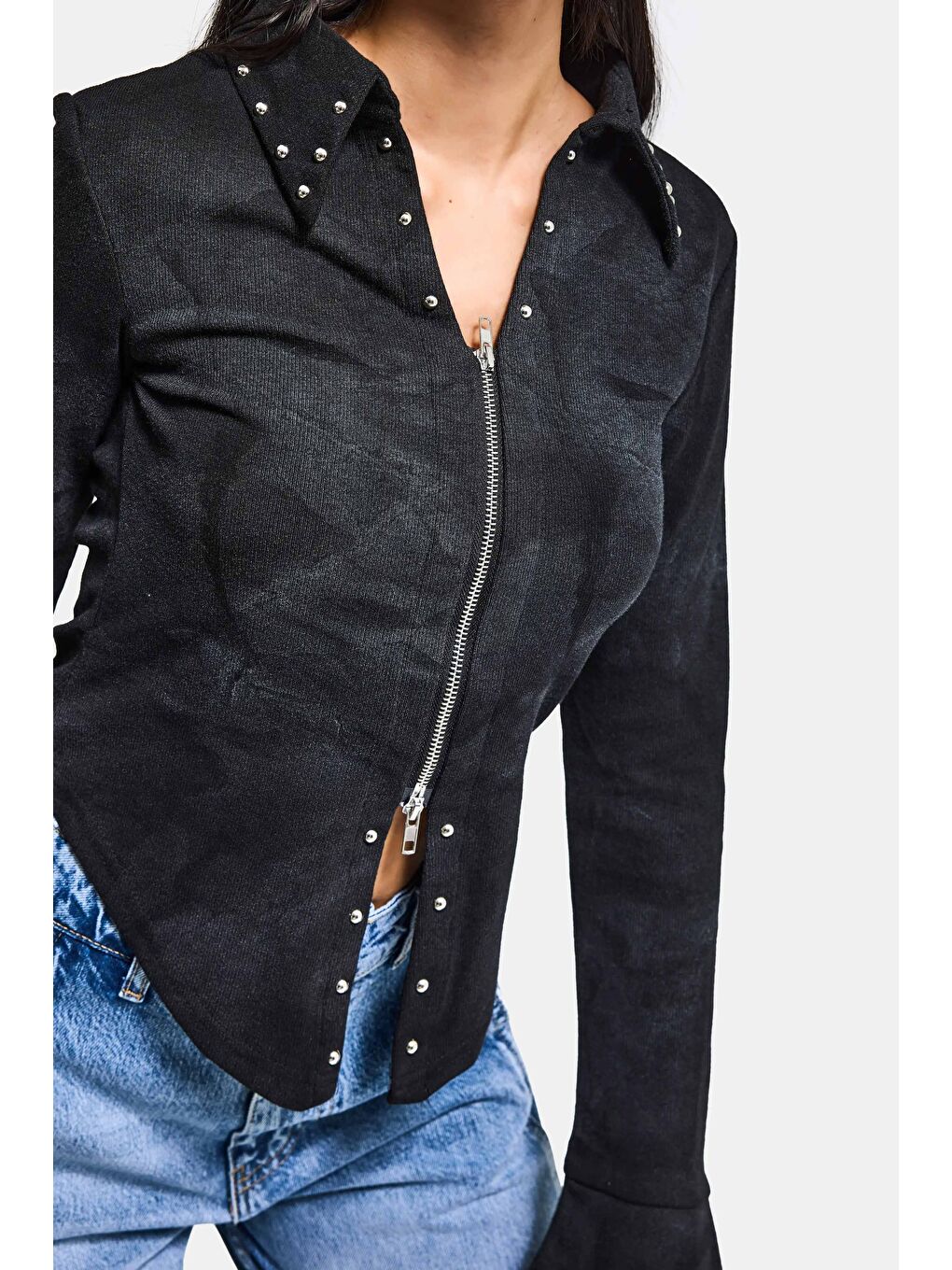 Kadın Siyah w5 Fermuar ve Drop Detaylı Özel Tasarım Crop Top-4