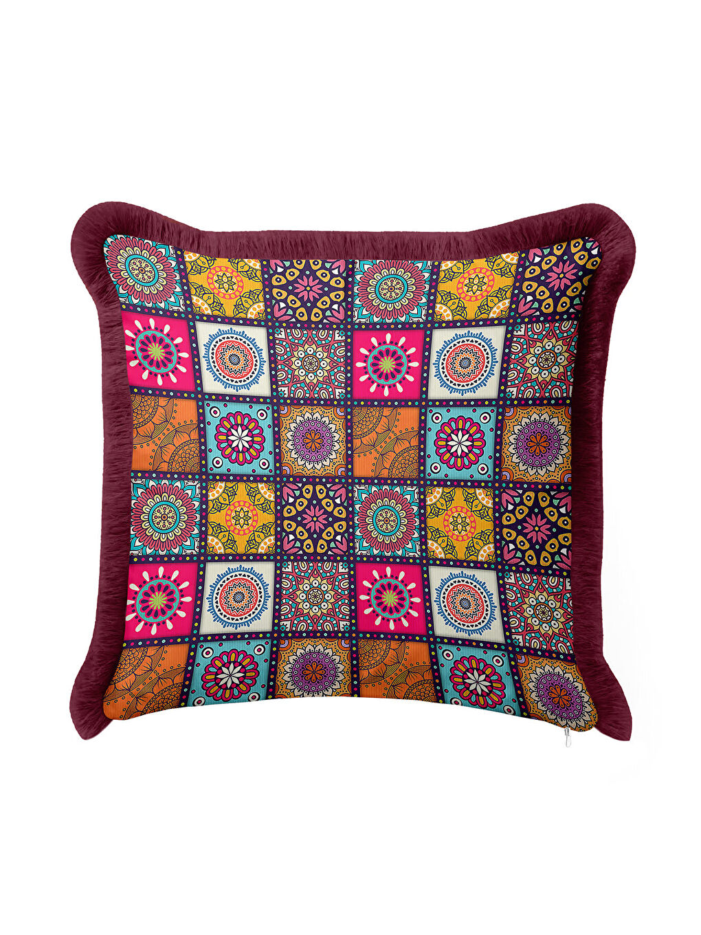 Karışık Etnik Mandala Mozaik Saçaklı Yastık Kılıfı - Bohem Renkli Patchwork Bordo Püsküllü Kırlent Kılıfı-4