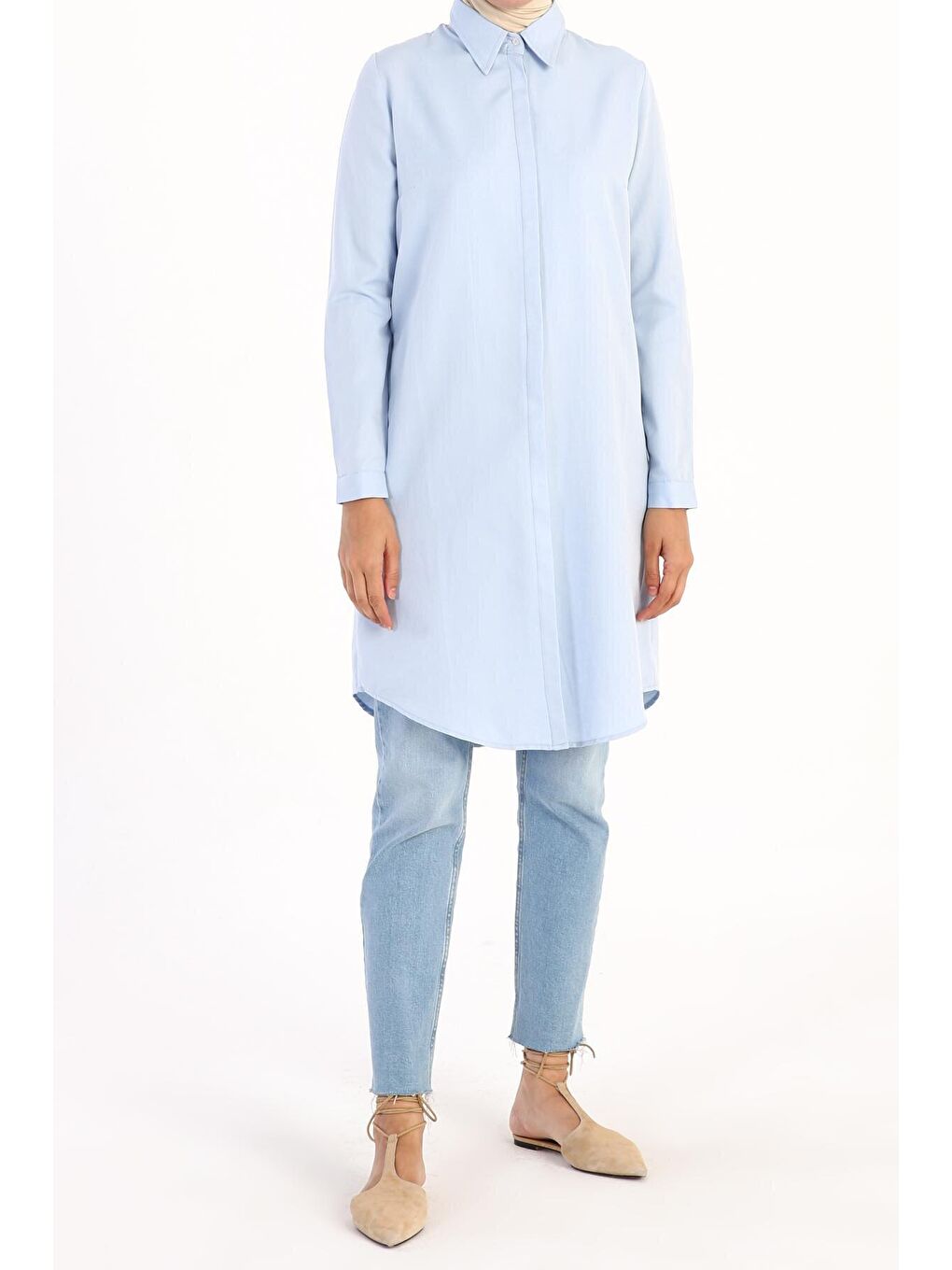Açık Mavi Gizli Patlı Basic Gömlek Tunik-1