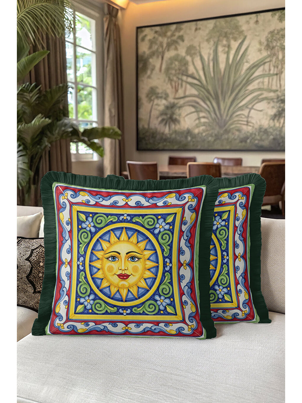 Karışık Akdeniz Stil Güneş Motifli Saçaklı Yastık Kılıfı - Renkli Bohem Sarı Yeşil Püsküllü Kırlent Kılıfı-5
