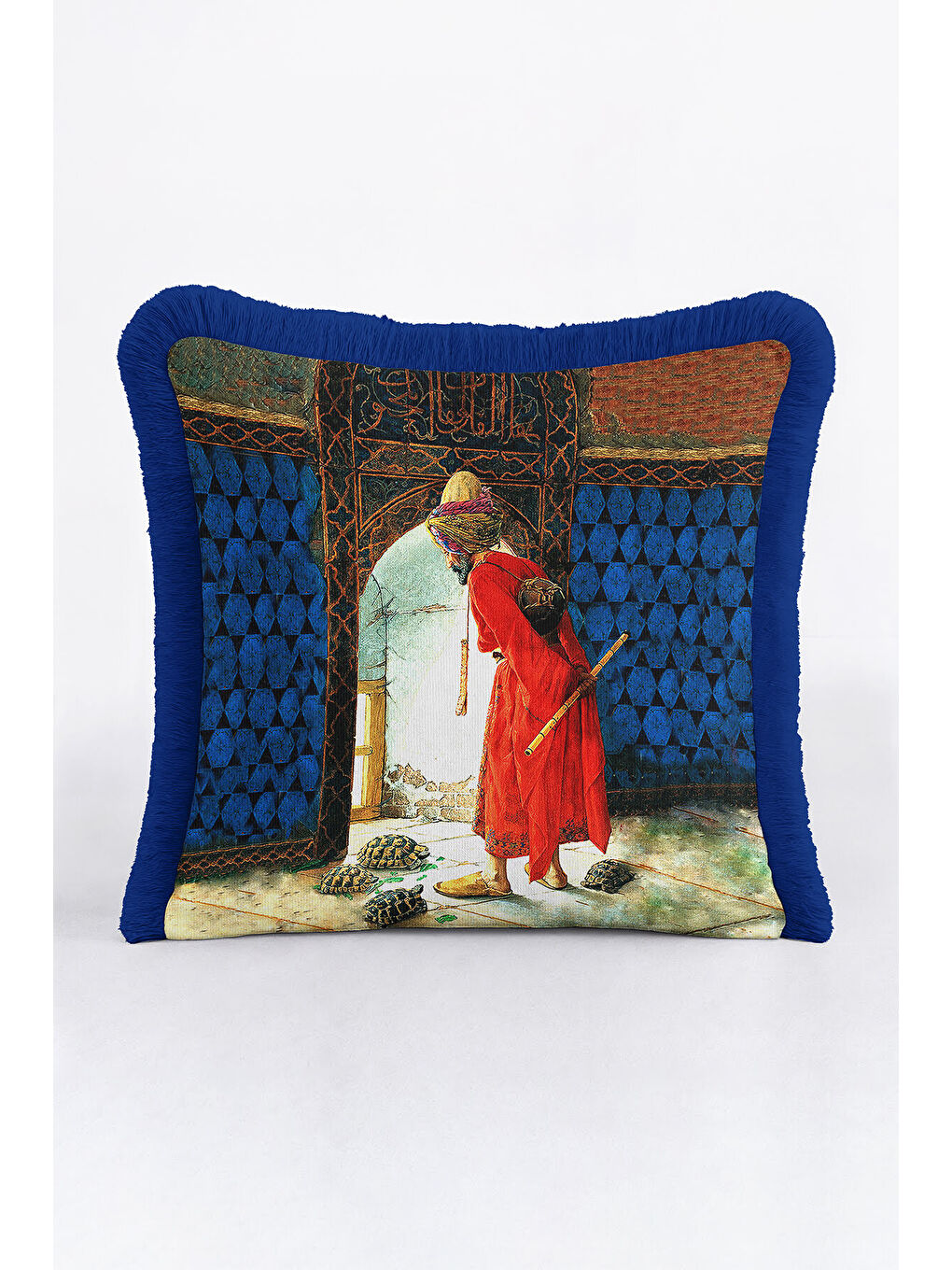 Karışık Şatafatlı Saray Figürlü Saçaklı Yastık Kılıfı - Osmanlı Etnik Mavi Gold Renk Püsküllü Kırlent Kılıfı-3