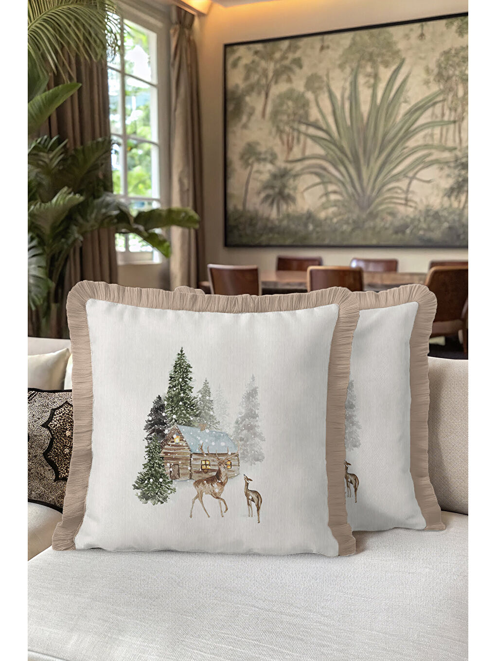 Karışık Kış Manzaralı Saçaklı Yastık Kılıfı - Rustik Doğa Temalı Bej Püsküllü Kırlent Kılıfı-5