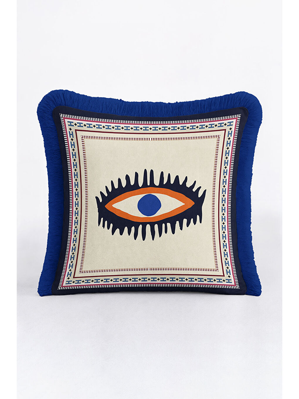 Karışık Etnik Motifli Saçaklı Yastık Kılıfı - Nazar Temalı Bohem Lacivert Püsküllü Kırlent Kılıfı-1