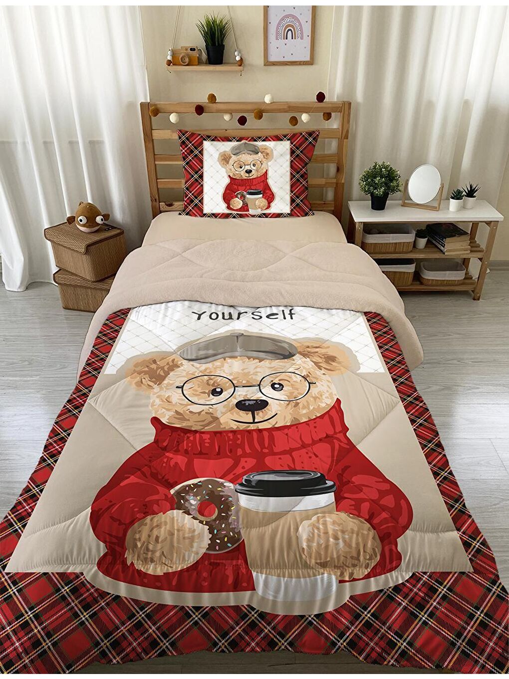 EVMİLA Karışık Teddy Desenli Tek Kişilik 160x220 Cm Wellsoft Çift Taraflı Silikon Yorgan Ve Uyku Seti