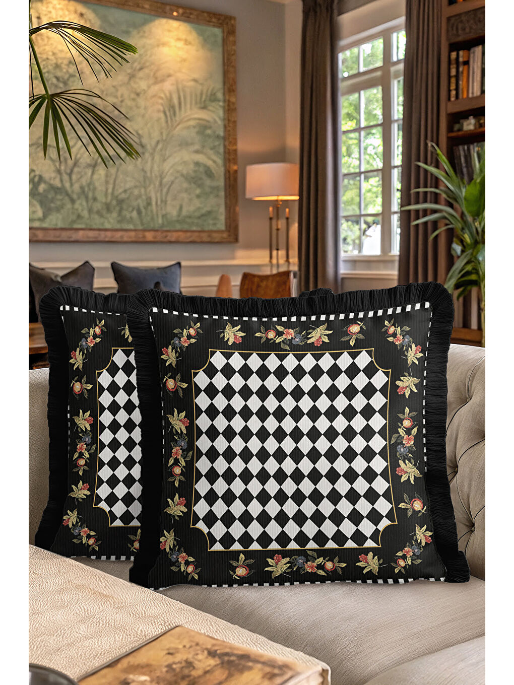Karışık Lüks Elmas Motifli Saçaklı Yastık Kılıfı - Çiçek Bordürlü Klasik Glam Siyah Püsküllü Kırlent Kılıfı-7