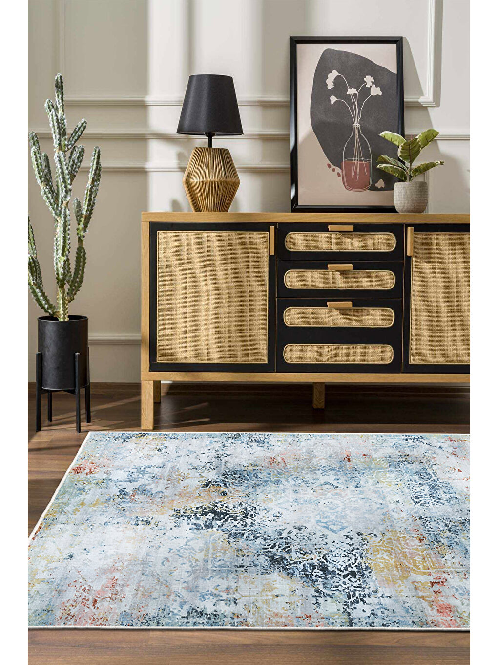 Mavi Dekoratif Özel Tasarım Yıkanabilir İnce Kaymaz Tabanlı Modern Halı KECE FR33-1