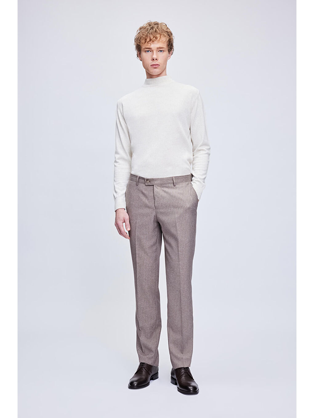 Bej Regular Fit Düz Yarım Balıkçı Yaka Yünlü Triko Kazak-1