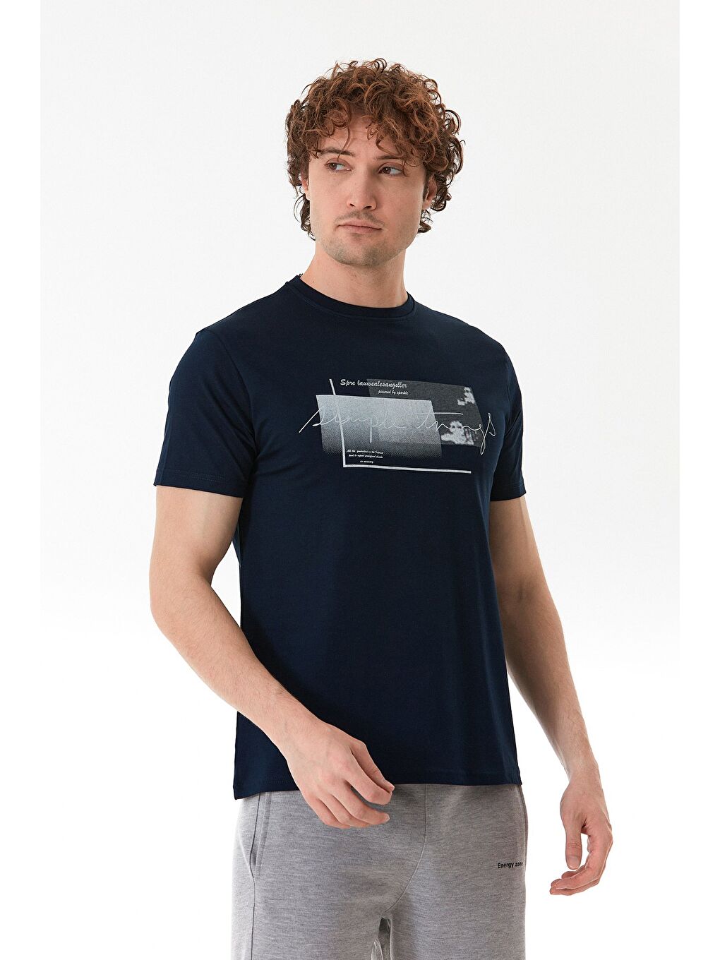 Lacivert Yazı Baskılı Bisiklet Yaka Tişört-2