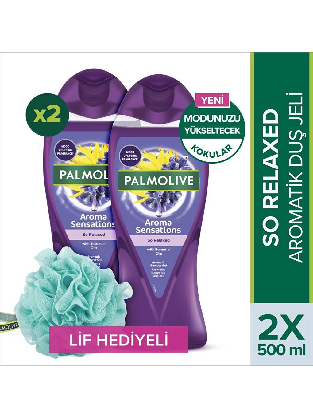 Palmolive Mor Aroma Sensations So Relaxed Aromatik Banyo ve Duş Jeli 500 ml x 2 Adet + Duş Lifi Hediye