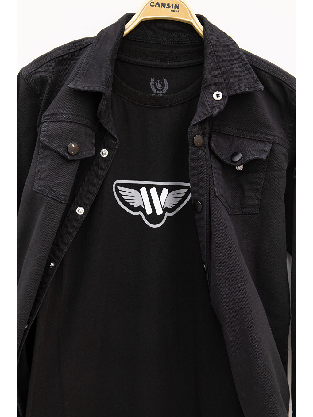 Siyah Keten Gömlekli Bisiklet Yaka Baskılı Tişörtlü Erkek Çocuk 2li Takım 20255-1