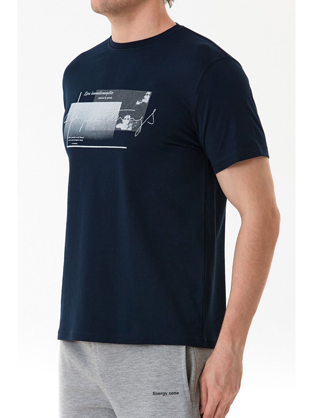 Lacivert Yazı Baskılı Bisiklet Yaka Tişört-4