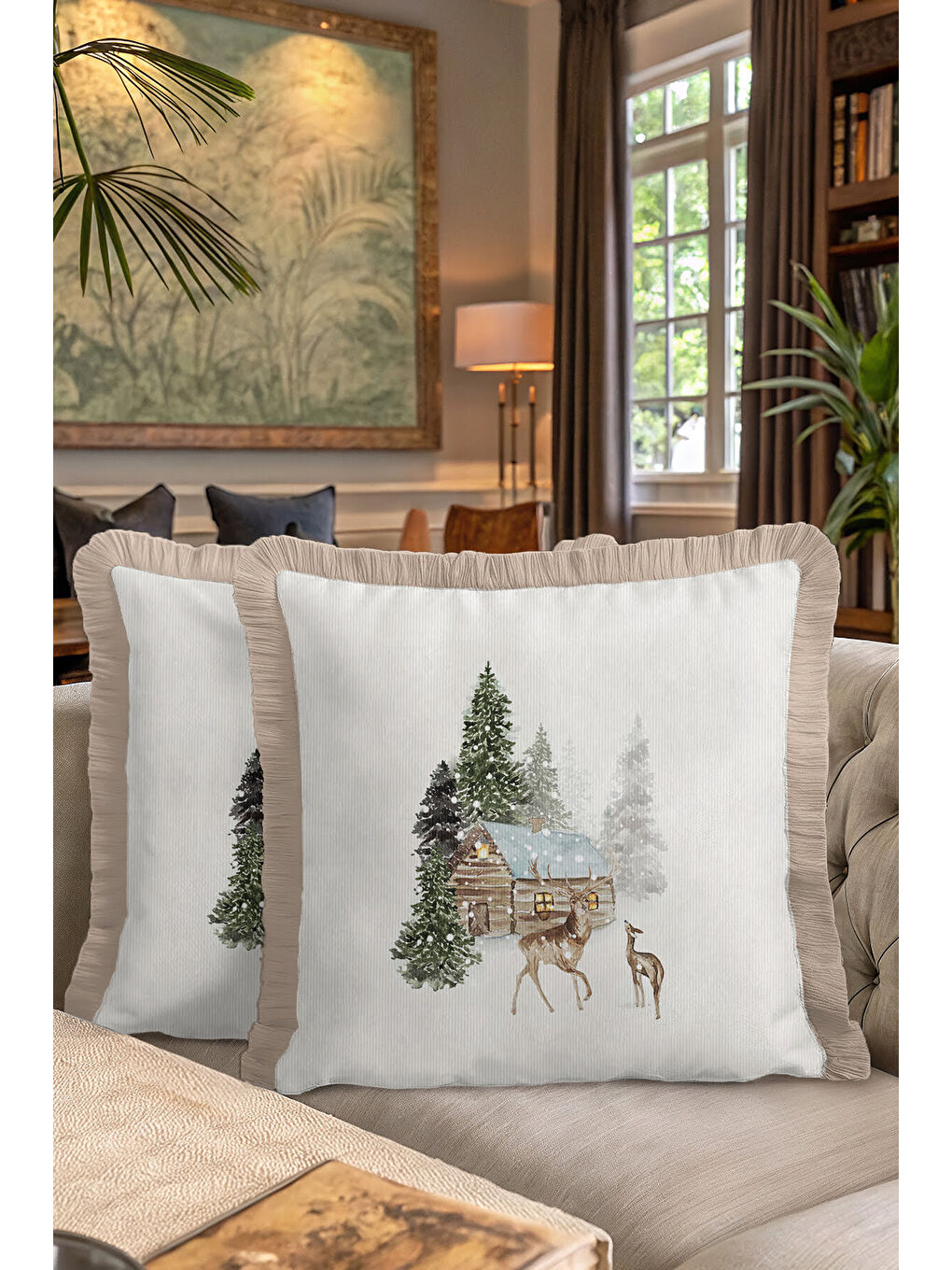 Karışık Kış Manzaralı Saçaklı Yastık Kılıfı - Rustik Doğa Temalı Bej Püsküllü Kırlent Kılıfı-7