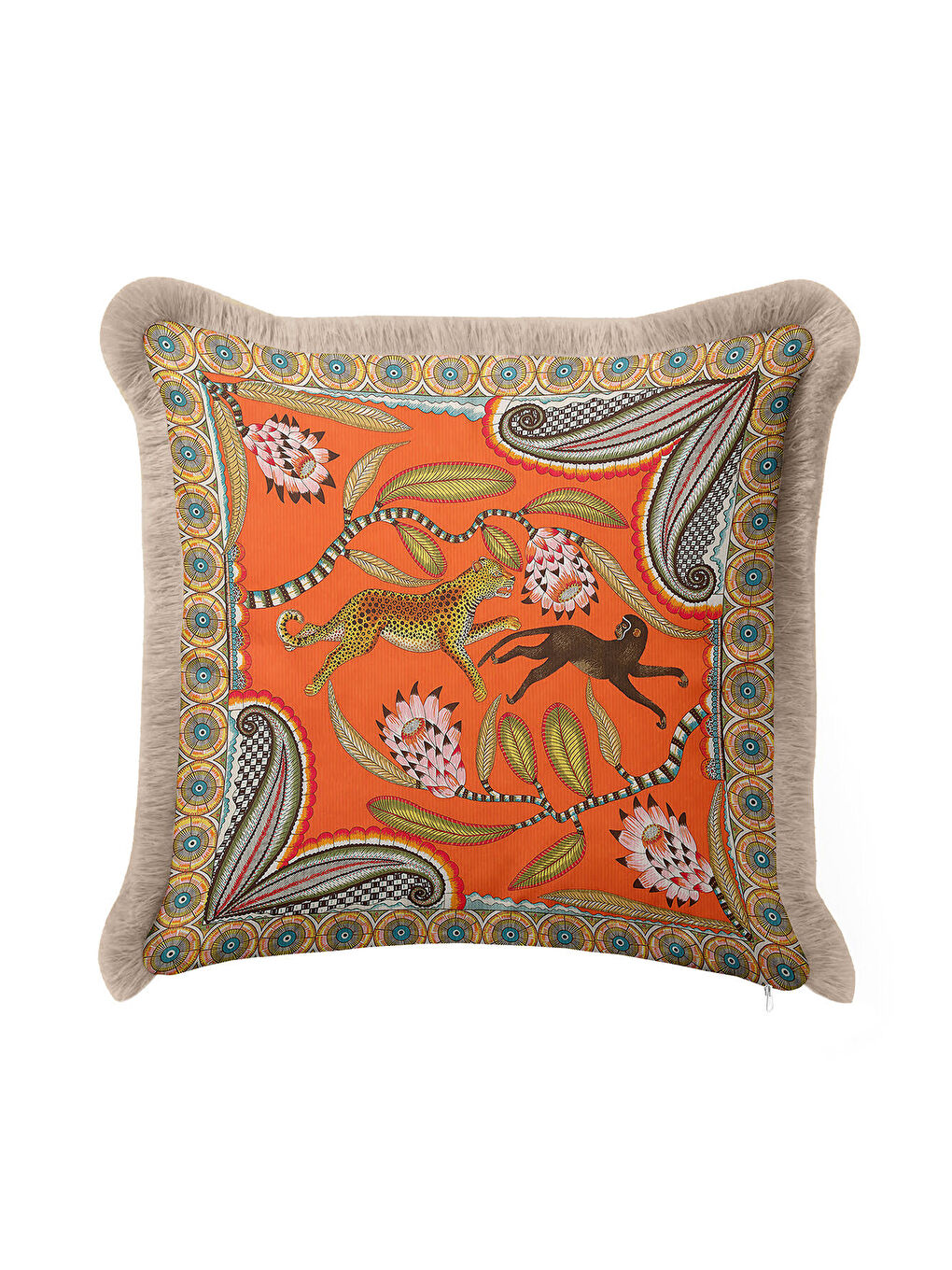 Karışık Egzotik Hayvan Motifli Saçaklı Yastık Kılıfı - Tropikal Bohem Turuncu Gold Püsküllü Kırlent Kılıfı-1