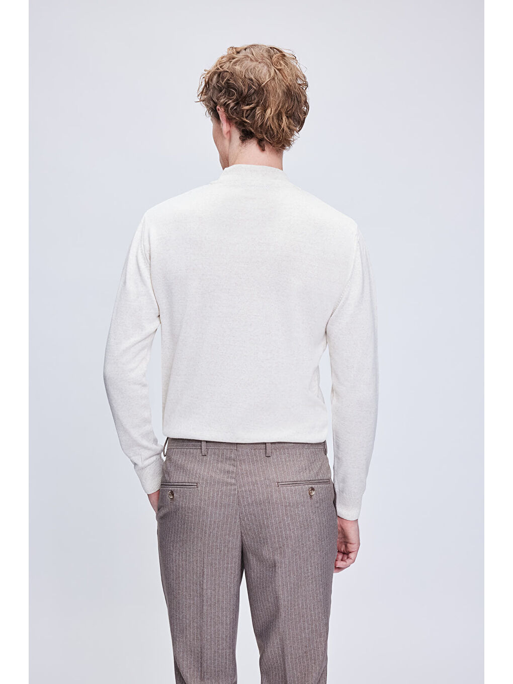 Bej Regular Fit Düz Yarım Balıkçı Yaka Yünlü Triko Kazak-4