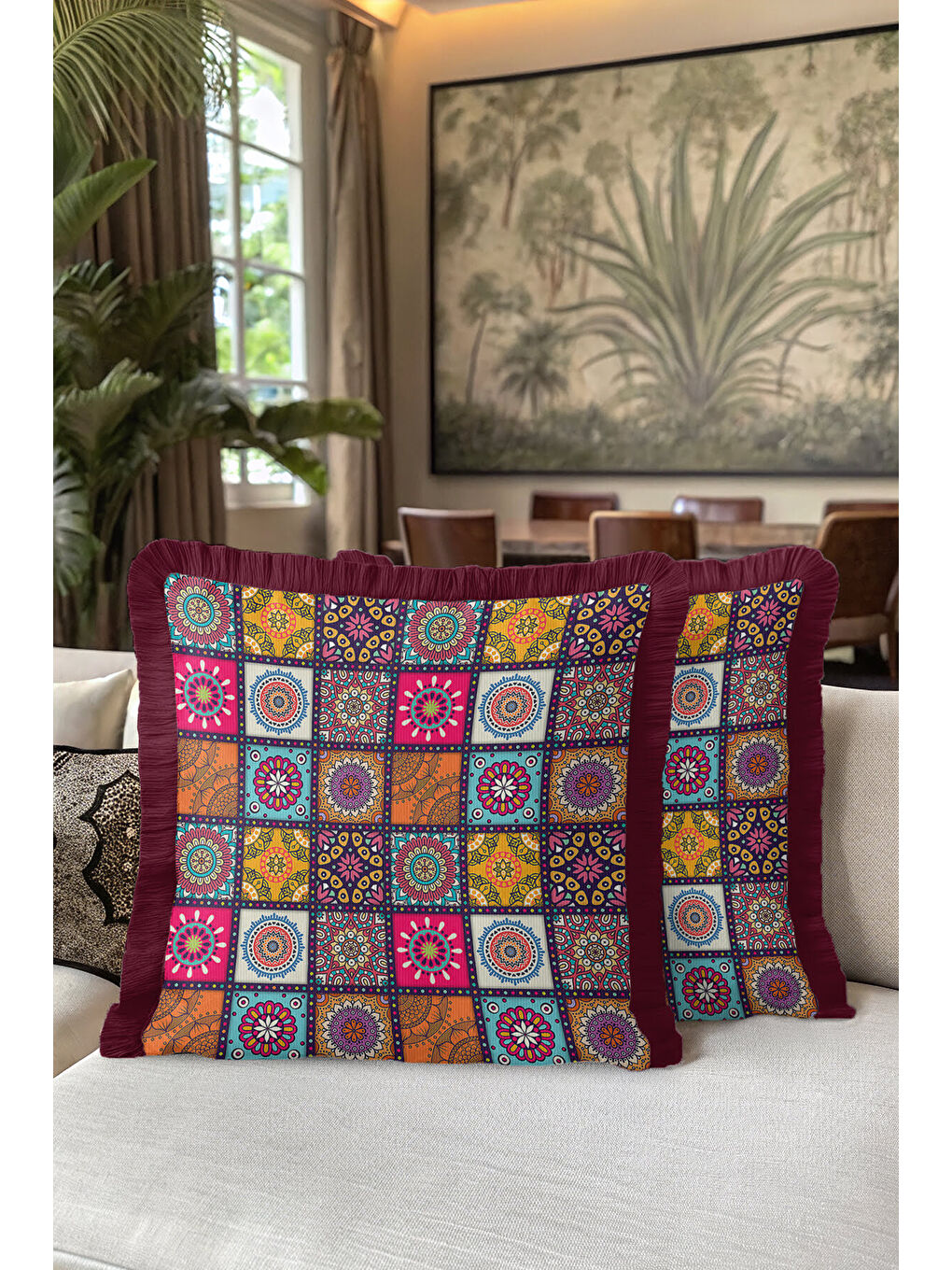 Karışık Etnik Mandala Mozaik Saçaklı Yastık Kılıfı - Bohem Renkli Patchwork Bordo Püsküllü Kırlent Kılıfı-5