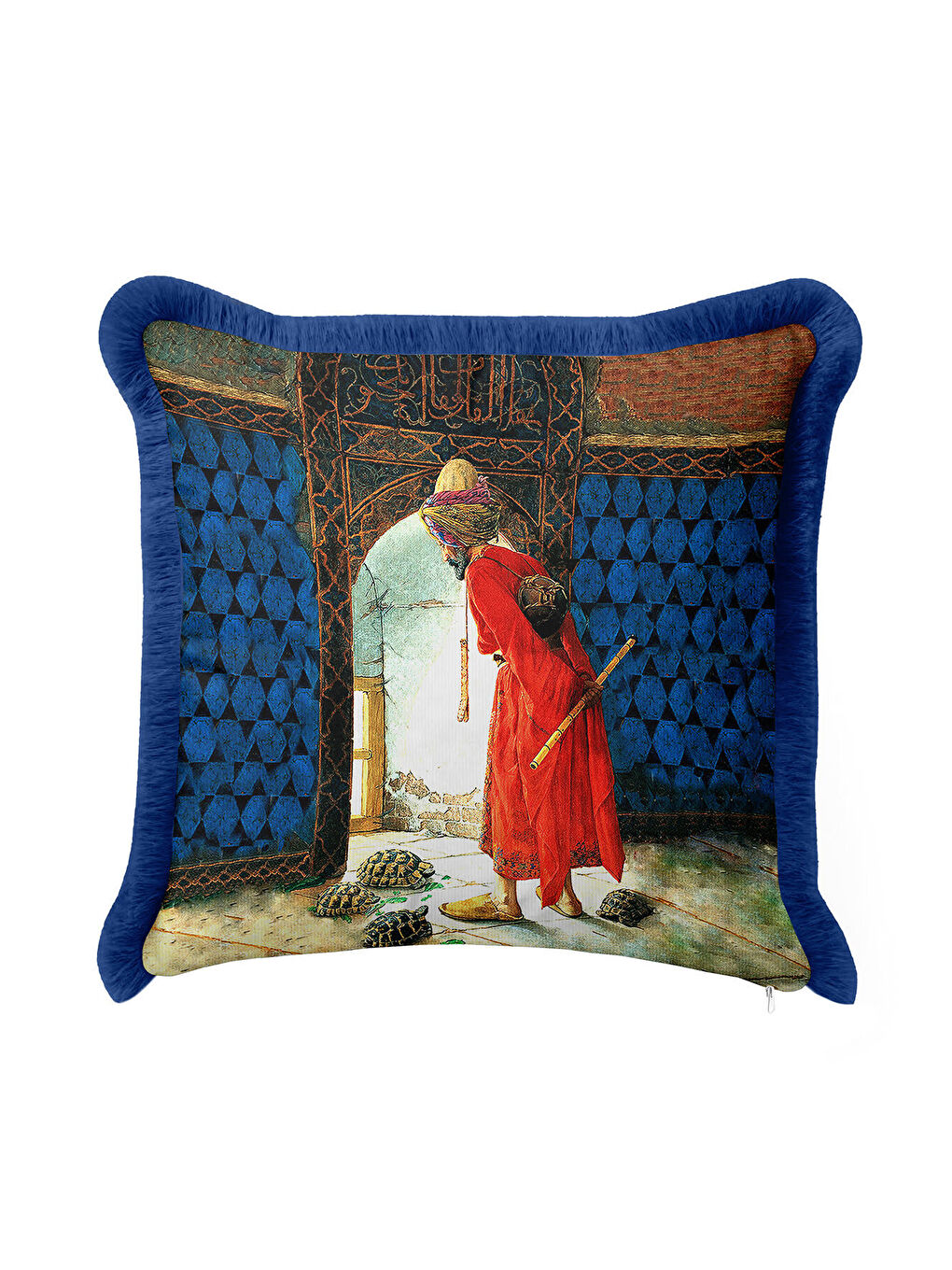 Karışık Şatafatlı Saray Figürlü Saçaklı Yastık Kılıfı - Osmanlı Etnik Mavi Gold Renk Püsküllü Kırlent Kılıfı-4