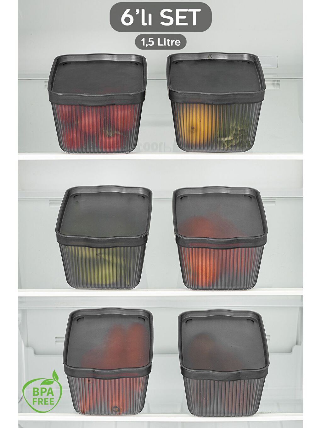 Gri 6'lı Set Perry Kapaklı Derin Dondurucu Saklama Kabı Buzdolabı Erzak Düzenleme Kutusu 1,5 lt Füme
