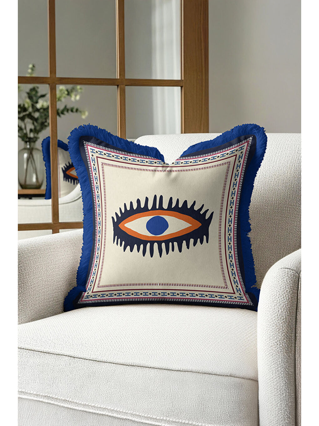 Karışık Etnik Motifli Saçaklı Yastık Kılıfı - Nazar Temalı Bohem Lacivert Püsküllü Kırlent Kılıfı-2