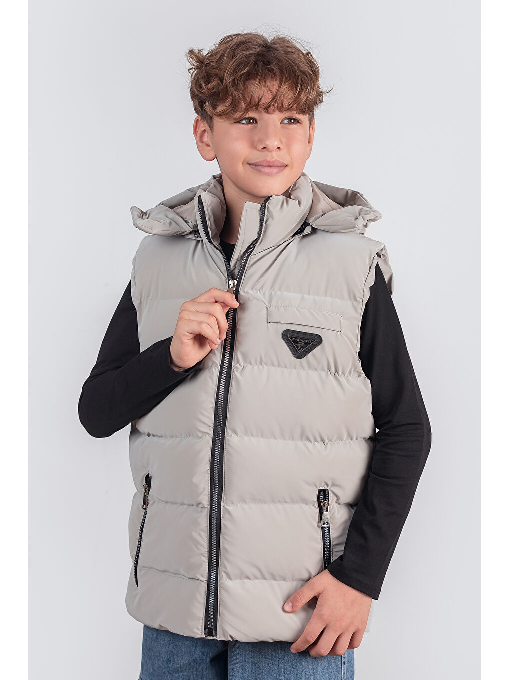 Bej Kapüşonlu Erkek Çocuk Nova Kumaş Şişme Yelek-2