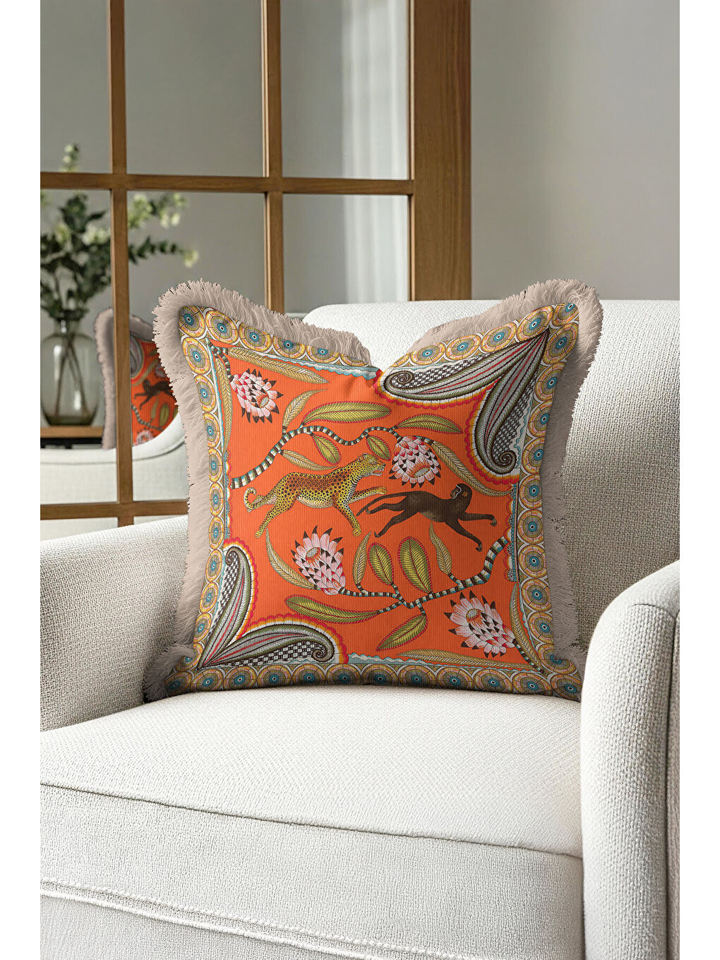 Karışık Egzotik Hayvan Motifli Saçaklı Yastık Kılıfı - Tropikal Bohem Turuncu Gold Püsküllü Kırlent Kılıfı-2