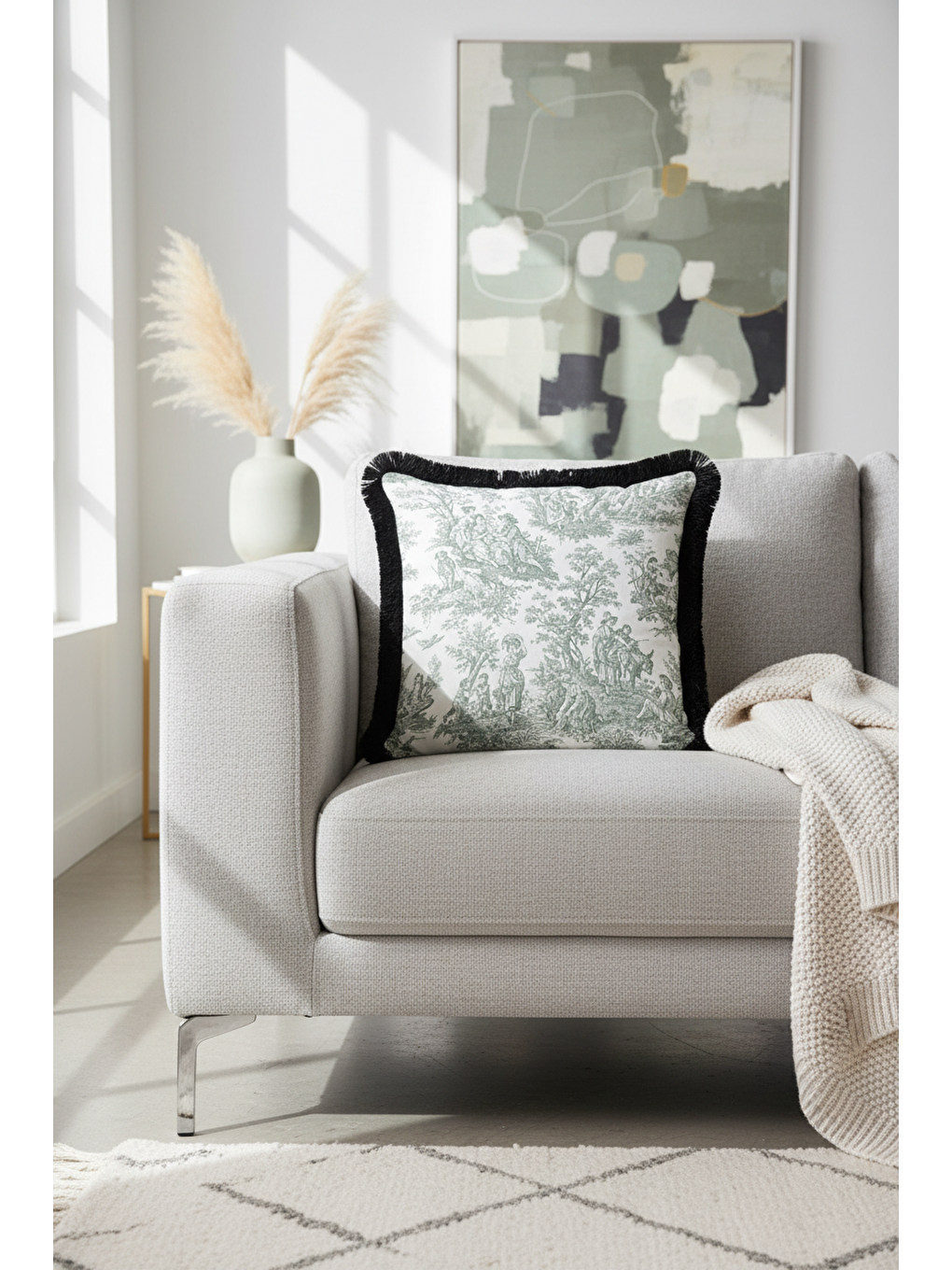 Karışık Fransız Şıklığı Saçaklı Yastık Kılıfı - Klasik Country Siyah Beyaz Püsküllü Kırlent Kılıfı-1