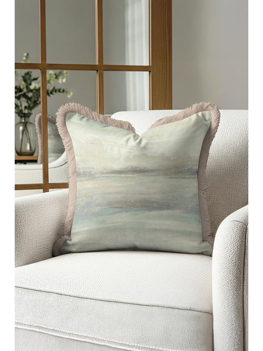 Karışık Lüks Fırça Darbeli Saçaklı Yastık Kılıfı - Doğal Pastel Tonlar Modern Bej Püsküllü Kırlent Kılıfı-3