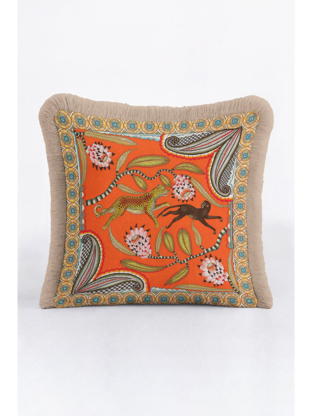 Karışık Egzotik Hayvan Motifli Saçaklı Yastık Kılıfı - Tropikal Bohem Turuncu Gold Püsküllü Kırlent Kılıfı-3