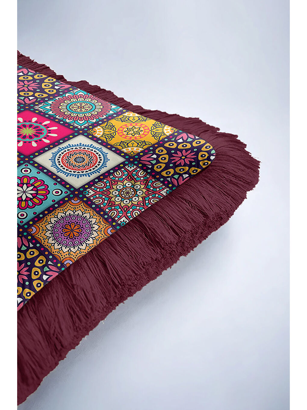 Karışık Etnik Mandala Mozaik Saçaklı Yastık Kılıfı - Bohem Renkli Patchwork Bordo Püsküllü Kırlent Kılıfı-6