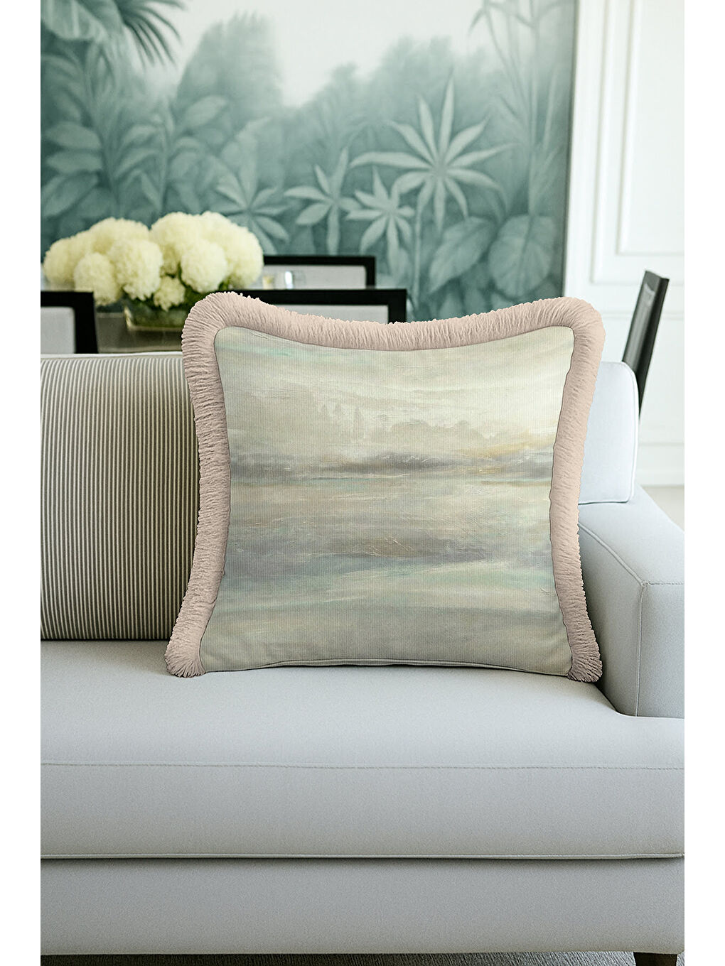 Karışık Lüks Fırça Darbeli Saçaklı Yastık Kılıfı - Doğal Pastel Tonlar Modern Bej Püsküllü Kırlent Kılıfı-4